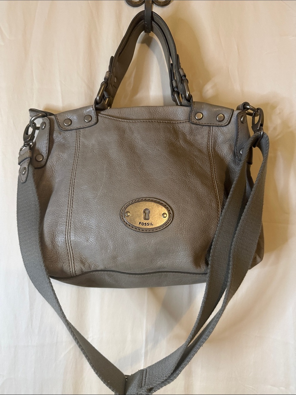 Fossil Gray Pebbled Leather Tote with Detachable Strap